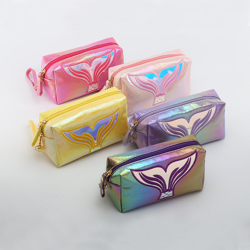 Wholesale PU Crack Fish Tail Illusion Laser Cosmetic Bag Cartoon Handbag Storage Bag